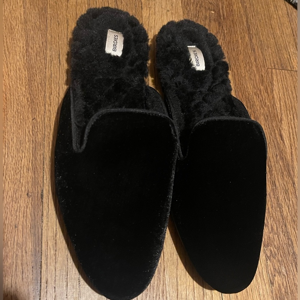 Birdies size 9 Black suede fur mules